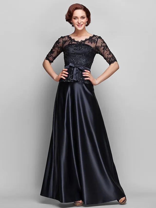 Wholesale A-Line Mother of the Bride Dress See Through V Neck Floor Length Lace Satin Half Sleeve with Lace Bow(s) Beading