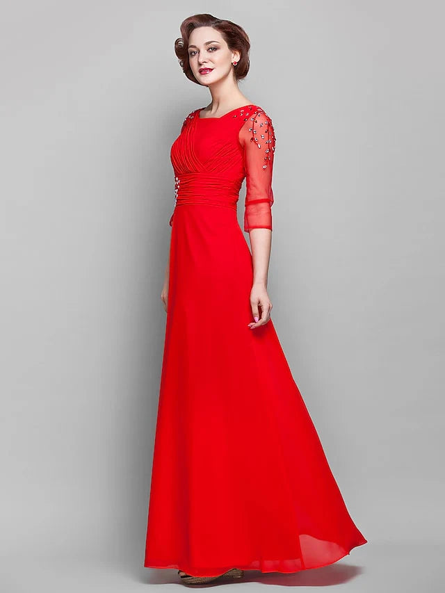 Wholesale Mother of the Bride Dress Vintage Inspired Square Neck Floor Length Chiffon Tulle 3/4 Length Sleeve with Criss Cross