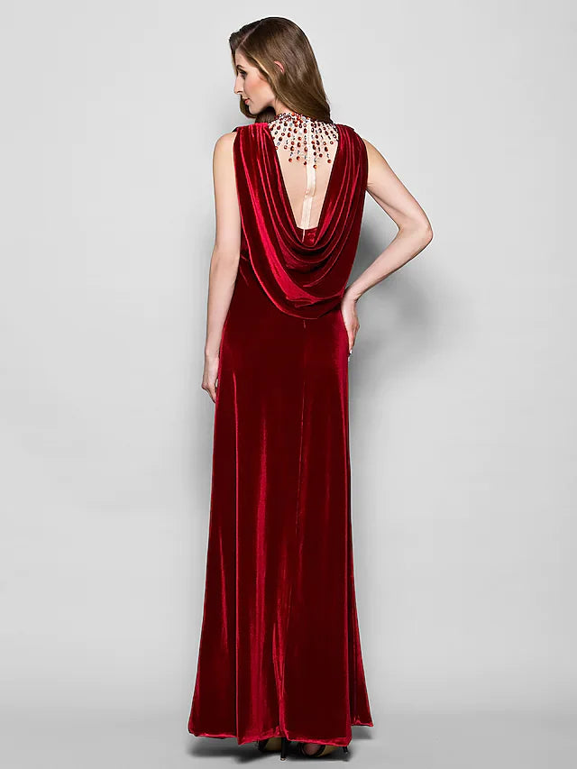 Wholesale Mother of the Bride Dress Cowl Neck Floor Length Velvet Sleeveless with Crystals Beading