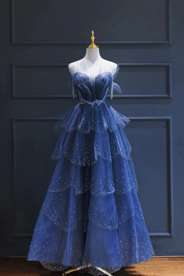 Wholesale Blue Tulle Beaded Long Senior Prom Dress A-Line Strapless Evening Party Dress