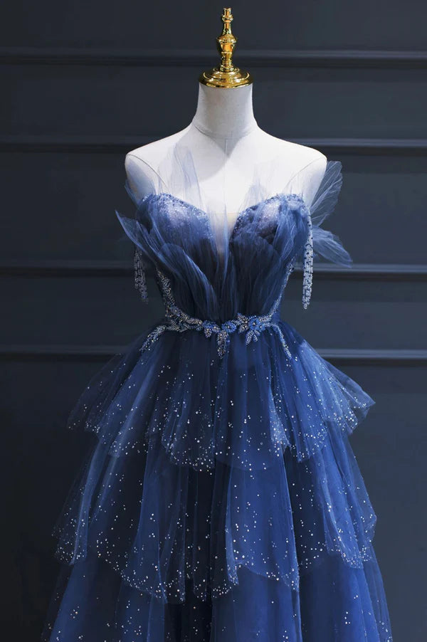 Wholesale Blue Tulle Beaded Long Senior Prom Dress A-Line Strapless Evening Party Dress