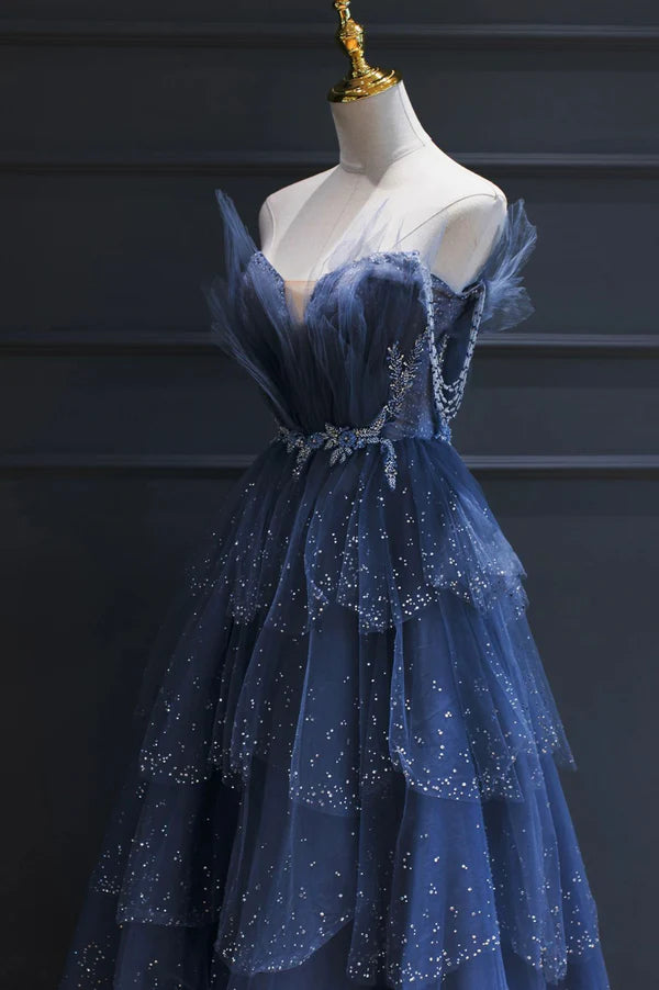 Wholesale Blue Tulle Beaded Long Senior Prom Dress A-Line Strapless Evening Party Dress