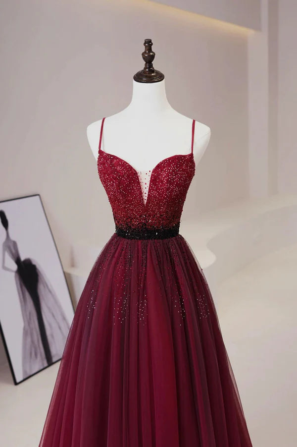 Wholesale Burgundy Tulle Long Prom Dress with Beaded Spaghetti Straps Evening Dress