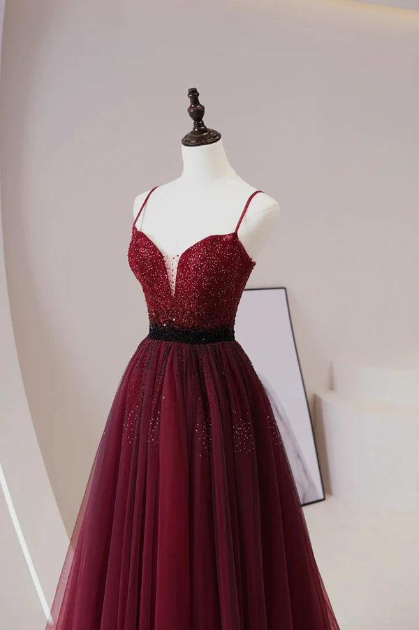 Wholesale Burgundy Tulle Long Prom Dress with Beaded Spaghetti Straps Evening Dress