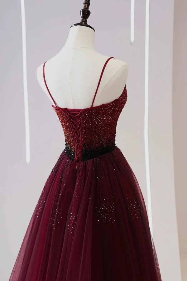Wholesale Burgundy Tulle Long Prom Dress with Beaded Spaghetti Straps Evening Dress