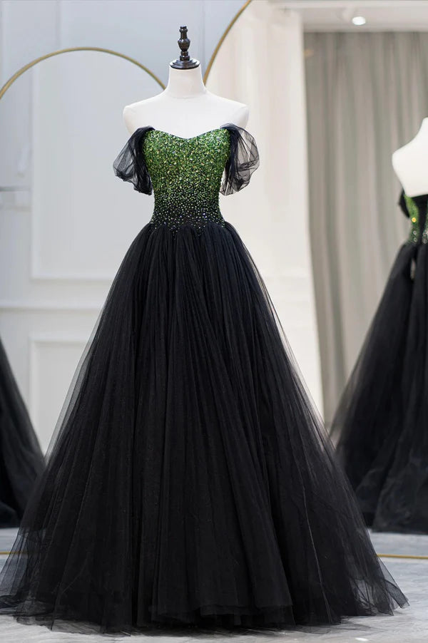 Wholesale Black Tulle Long Prom Dress with Beaded Off the Shoulder Formal Evening Dress
