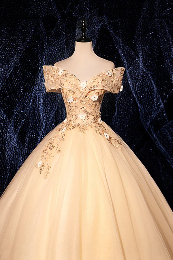 Wholesale Champagne V-Neck Lace Long Ball Gown Off the Shoulder Formal Evening Dress