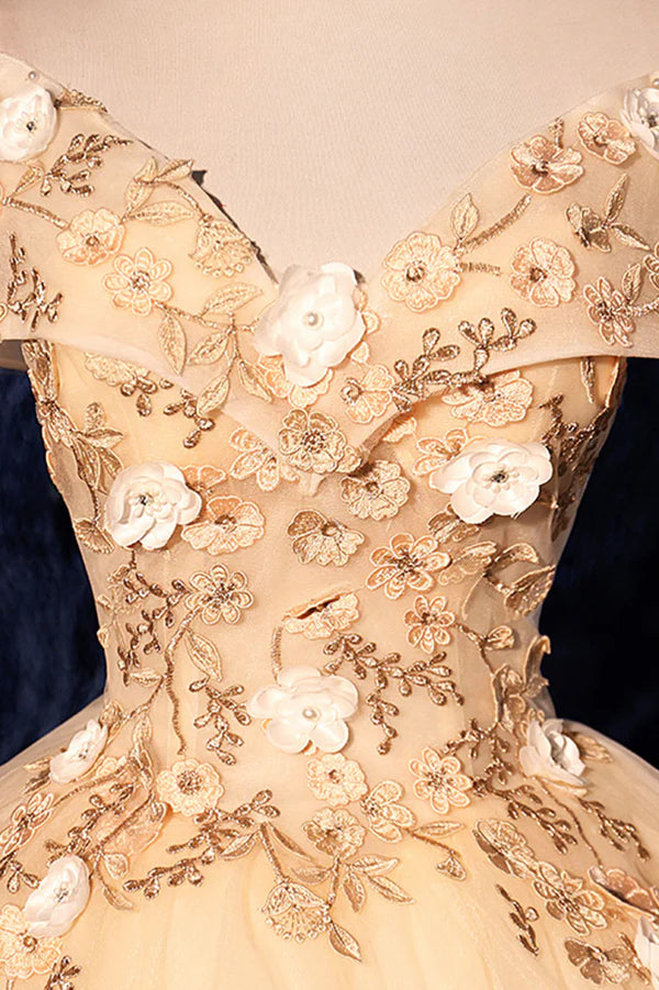 Wholesale Champagne V-Neck Lace Long Ball Gown Off the Shoulder Formal Evening Dress