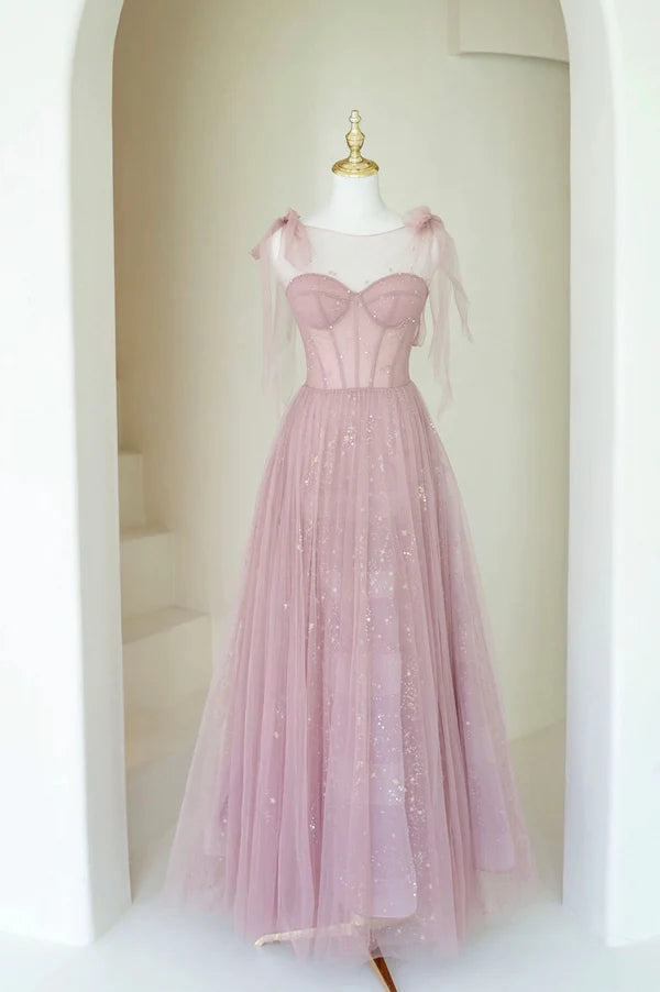 Wholesale Scoop Neckline Tulle Pink Long Prom Dress Cute A-Line Evening Party Dress