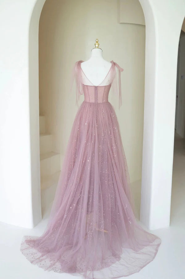 Wholesale Scoop Neckline Tulle Pink Long Prom Dress Cute A-Line Evening Party Dress