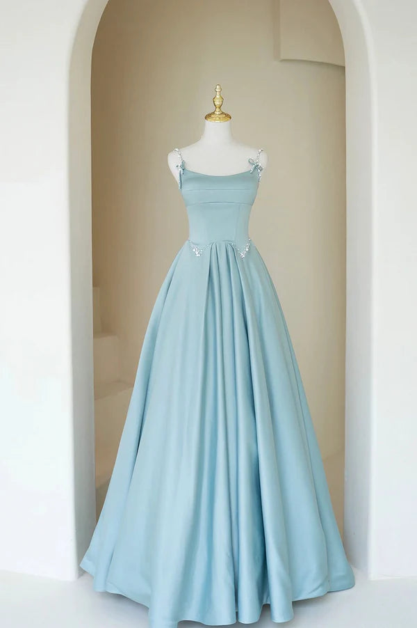 Wholesale Blue Satin Long A-Line Prom Dress Beautiful Spaghetti Straps Evening Dress