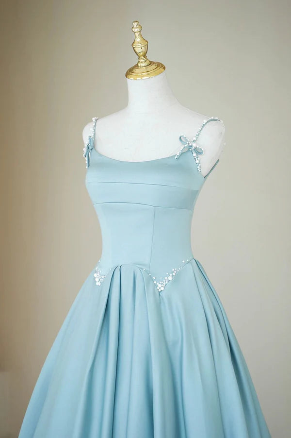Wholesale Blue Satin Long A-Line Prom Dress Beautiful Spaghetti Straps Evening Dress