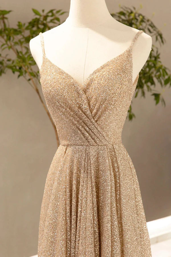 Wholesale Gold V-Neck Sequins Long Prom Dress Shiny A-Line Evening Formal Dress