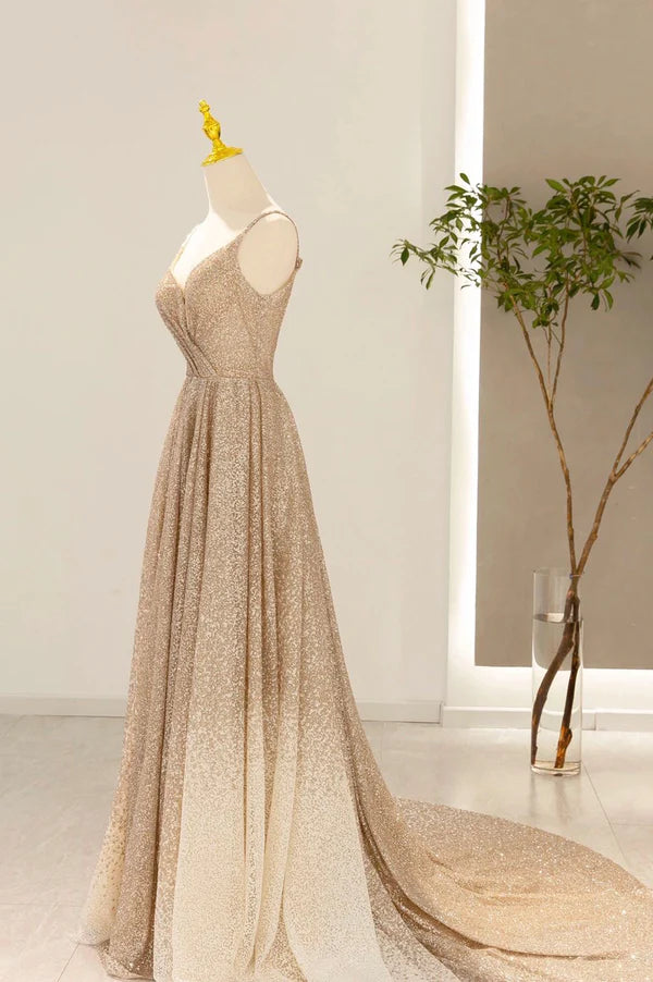 Wholesale Gold V-Neck Sequins Long Prom Dress Shiny A-Line Evening Formal Dress