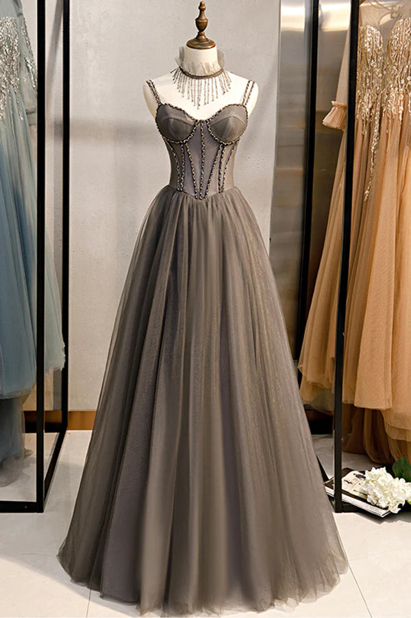 Wholesale A-Line Tulle Long Prom Dress with Beading Cute Evening Party Dress