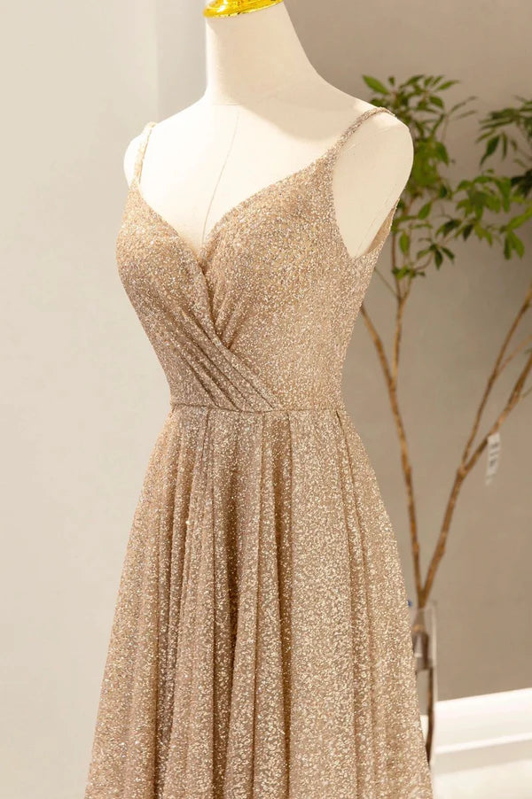 Wholesale Gold V-Neck Sequins Long Prom Dress Shiny A-Line Evening Formal Dress