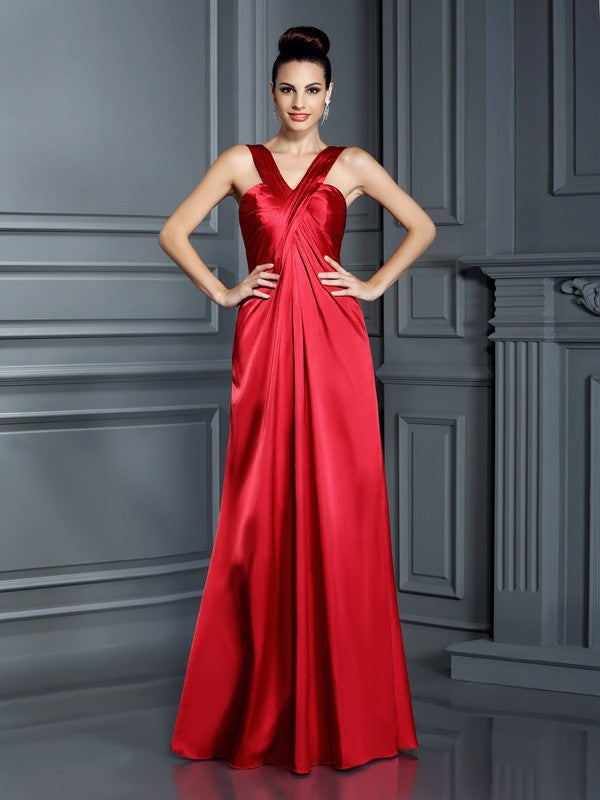 Wholesale A-Line/Princess Straps Sleeveless Long Elastic Woven Satin Bridesmaid Dresses