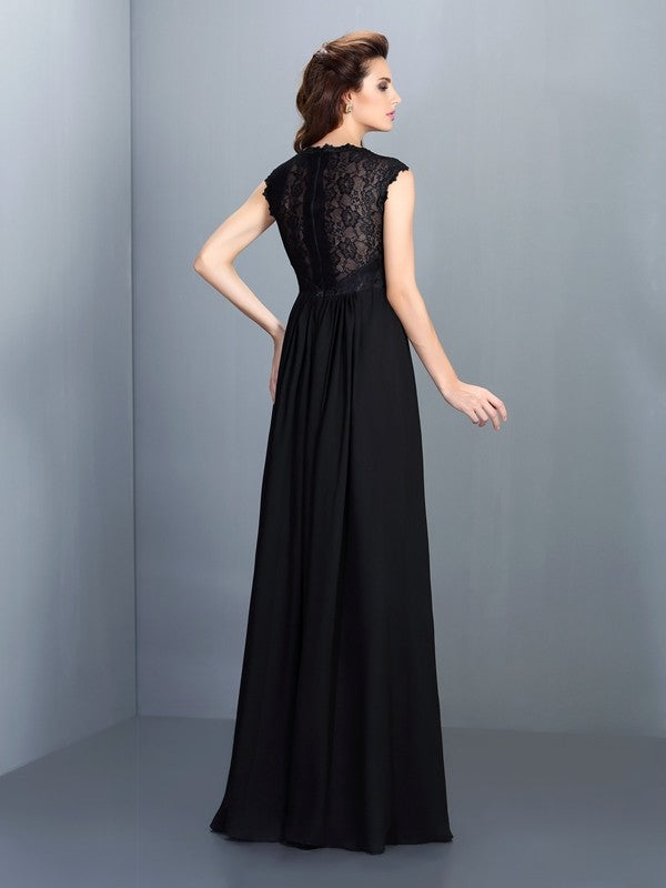 Wholesale A-Line/Princess Scoop Lace Sleeveless Long Chiffon Bridesmaid Dresses