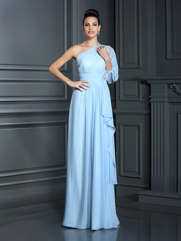 Wholesale Sheath/Column One-Shoulder 3/4 Sleeves Long Chiffon Bridesmaid Dresses