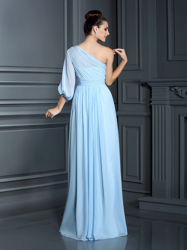 Wholesale Sheath/Column One-Shoulder 3/4 Sleeves Long Chiffon Bridesmaid Dresses