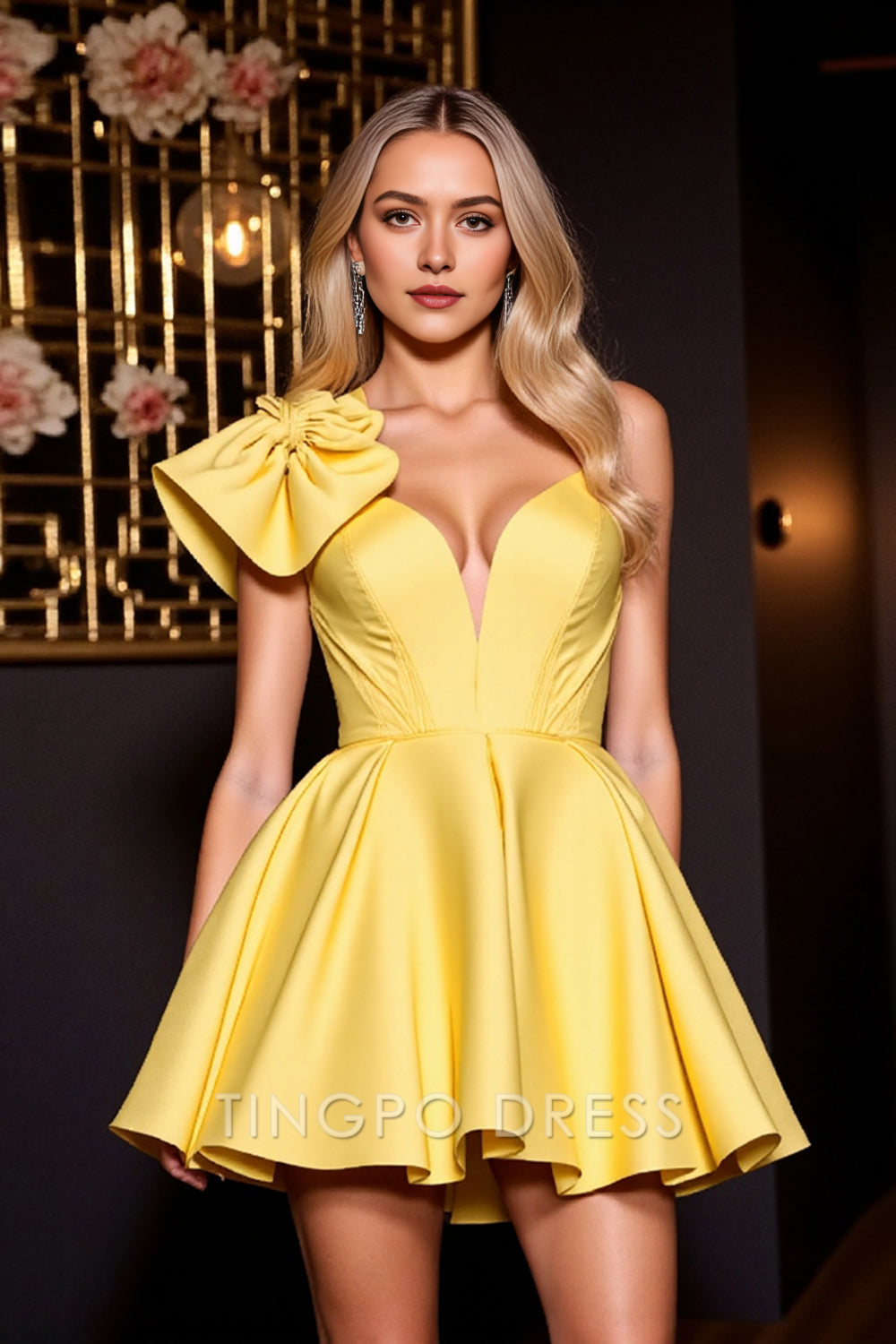 TingPo Wholesale Elegant Yellow A Line Satin Short Homecoming Dress with Ruffles formal wear dresses