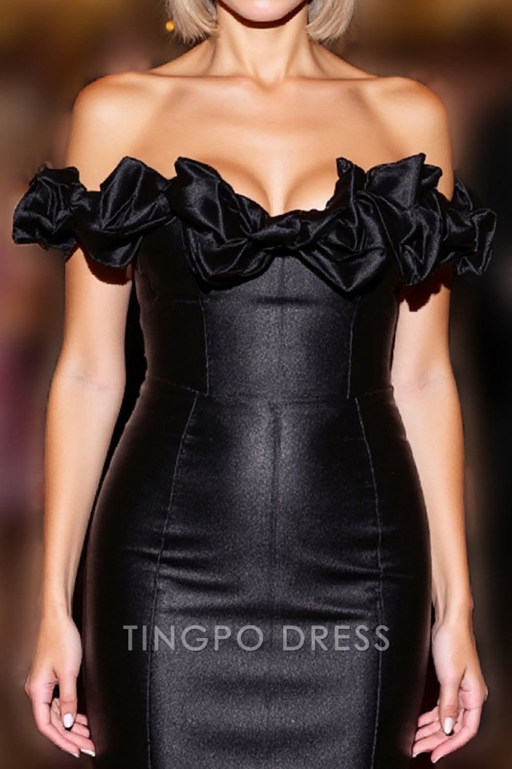 TingPo Wholesale Elegant Black Ruffled Tight Off the Shoulder Satin Short Homecoming Dress formal wear dresses