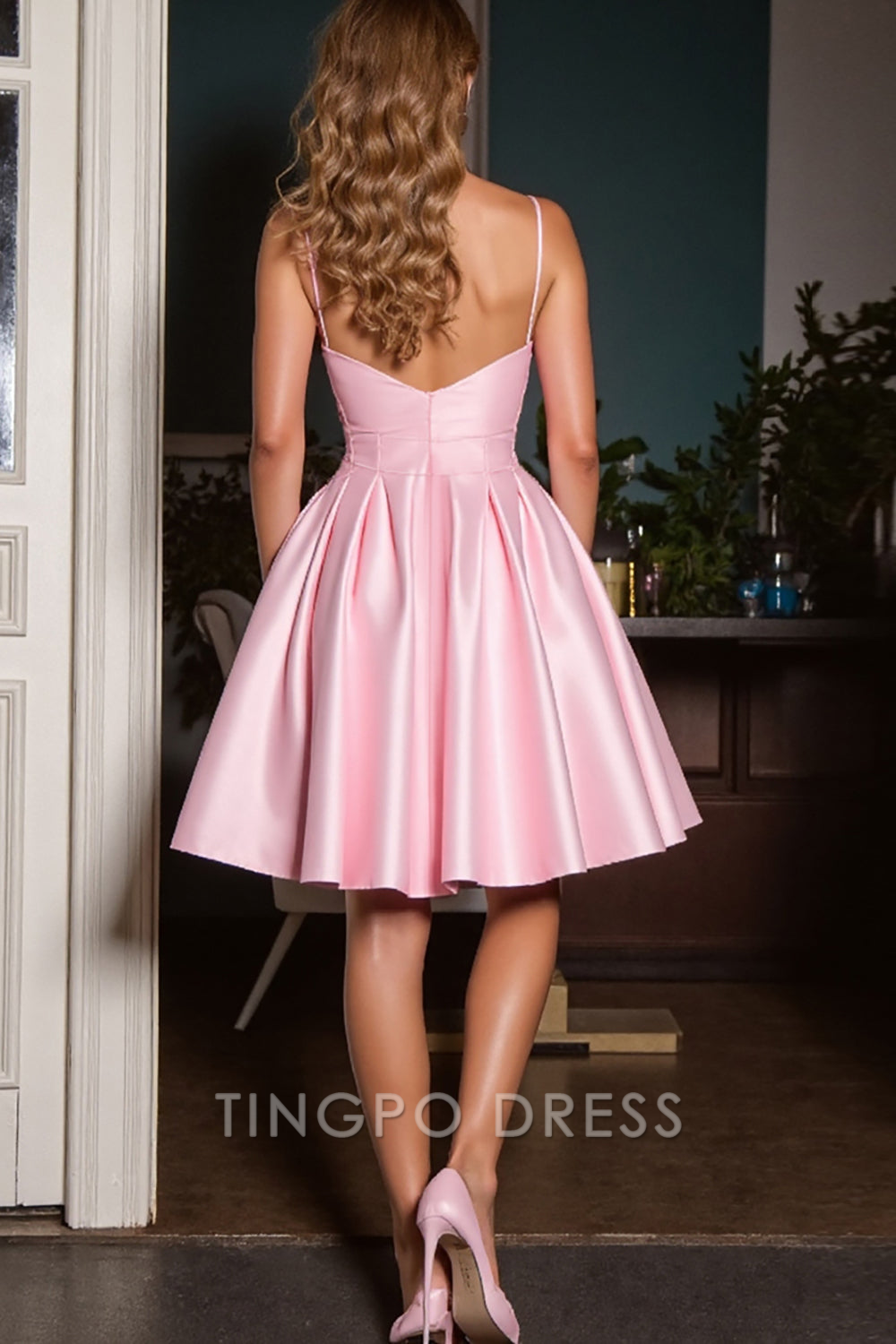TingPo Wholesale Elegant Pink Cut Out Satin A Line Spaghetti Straps Short Homecoming Dress formal wear dresses