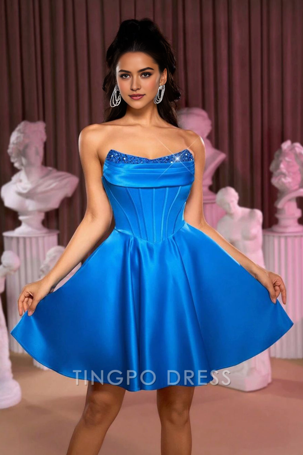 TingPo Wholesale Elegant Strapless Royal Blue Corset A Line Cocktail Dress With Beading formal wear dresses