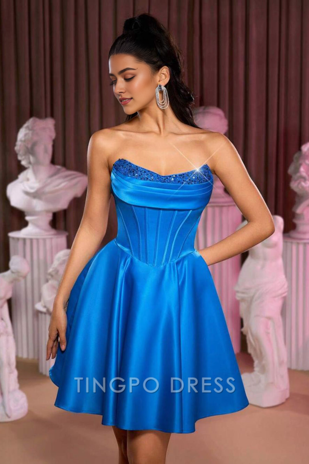 TingPo Wholesale Elegant Strapless Royal Blue Corset A Line Cocktail Dress With Beading formal wear dresses
