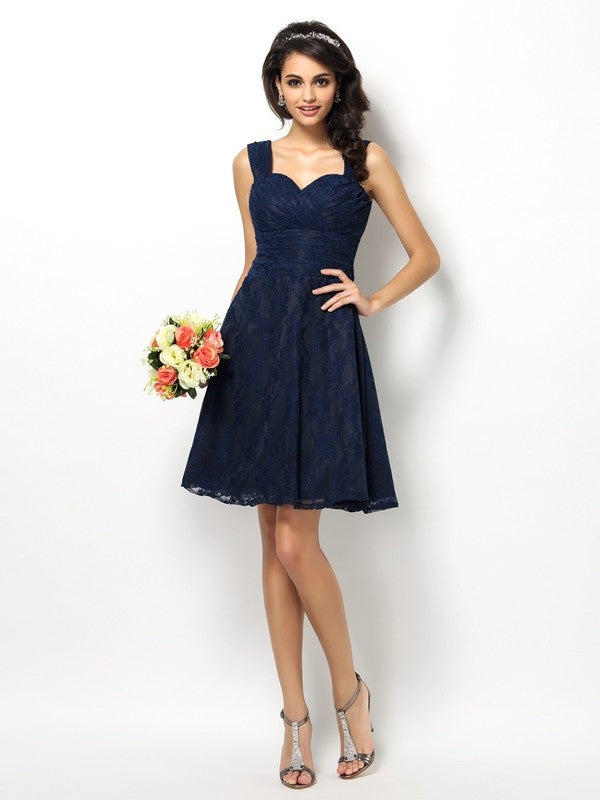 Wholesale A-Line/Princess Straps Lace Sleeveless Short Bridesmaid Dresses