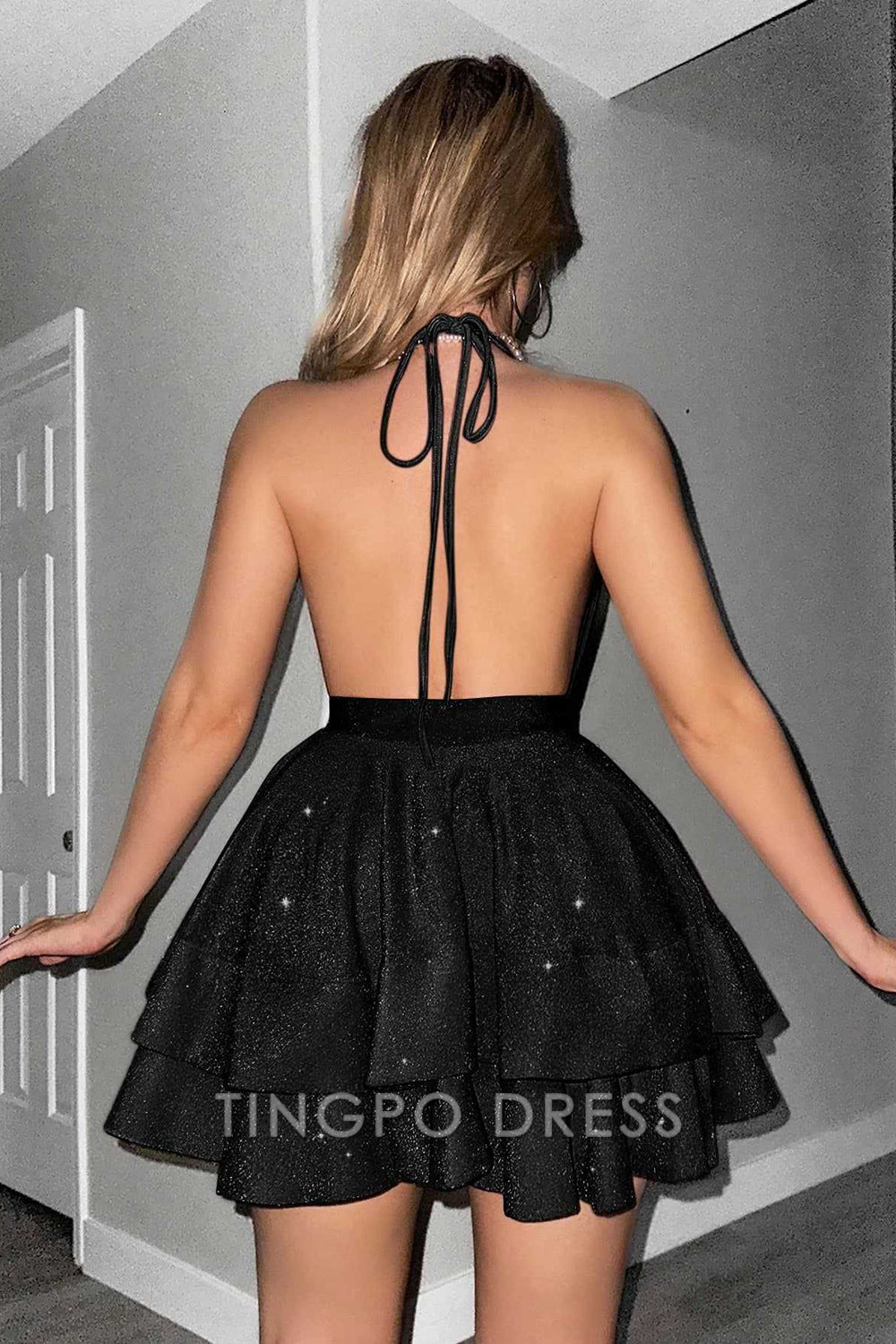 TingPo Wholesale Elegant Glitter Black Halter Tiered A Line Short Homecoming Dress formal wear dresses
