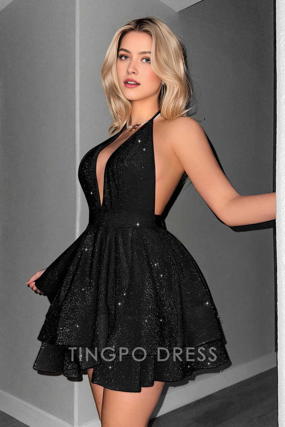 TingPo Wholesale Elegant Glitter Black Halter Tiered A Line Short Homecoming Dress formal wear dresses