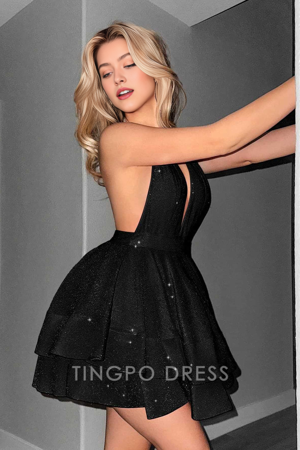TingPo Wholesale Elegant Glitter Black Halter Tiered A Line Short Homecoming Dress formal wear dresses