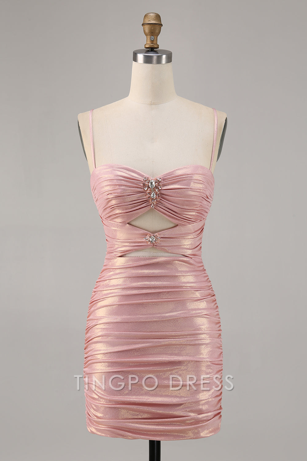 TingPo Wholesale Elegant Blush Metallic Spaghetti Straps Cut Out Tight Short Homecoming Dress formal wear dresses