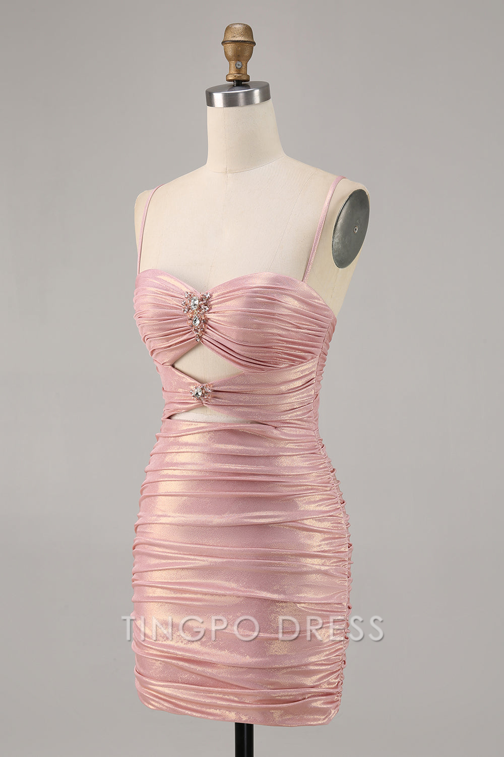 TingPo Wholesale Elegant Blush Metallic Spaghetti Straps Cut Out Tight Short Homecoming Dress formal wear dresses