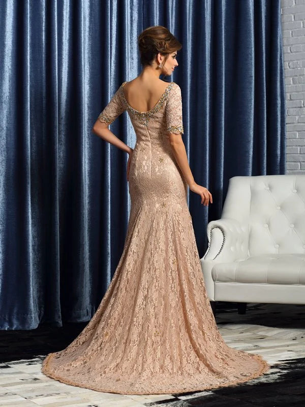 Wholesale V-neck Lace Sleeves Long Elastic Woven Satin Mother of the Bride Dresses