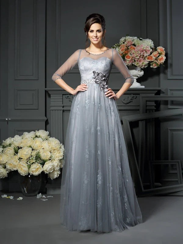 Wholesale A-Line Princess Scoop Lace Sleeves Long Satin Mother of the Bride Dresses