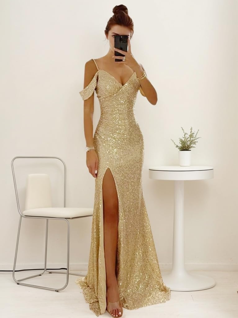 Wholesale Women's Off Shoulder Long Prom Dress 2025 Sparkly Sequin V Neck Evening Dress Mermaid Slit Formal Party Gown