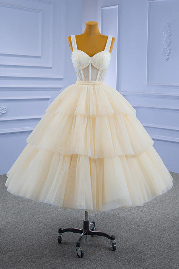 Wholesale Champagne Tulle Short Prom Dress with Beaded A-Line Tea Length Party Dress