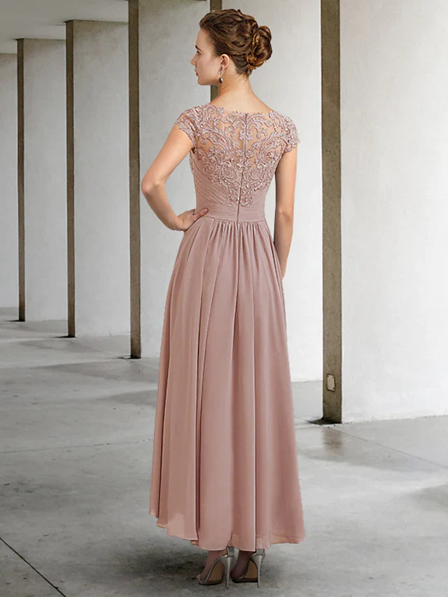 Wholesale A-Line Mother of the Bride Dress Elegant Jewel Neck Asymmetrical Chiffon Lace Half Sleeve with Pleats Appliques
