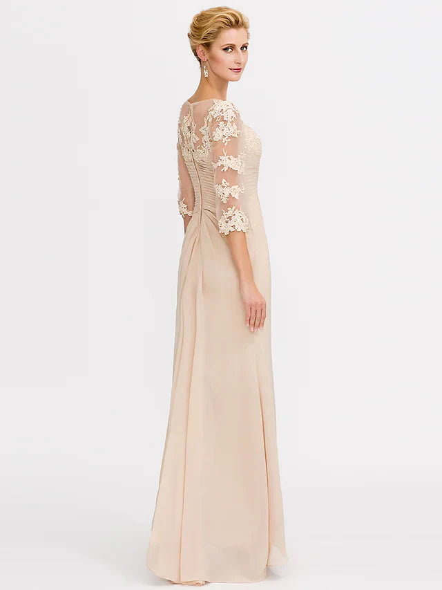 Wholesale Mother of the Bride Dress Elegant See Through V Neck Floor Length Chiffon Sheer Lace Half Sleeve with Appliques Side Draping