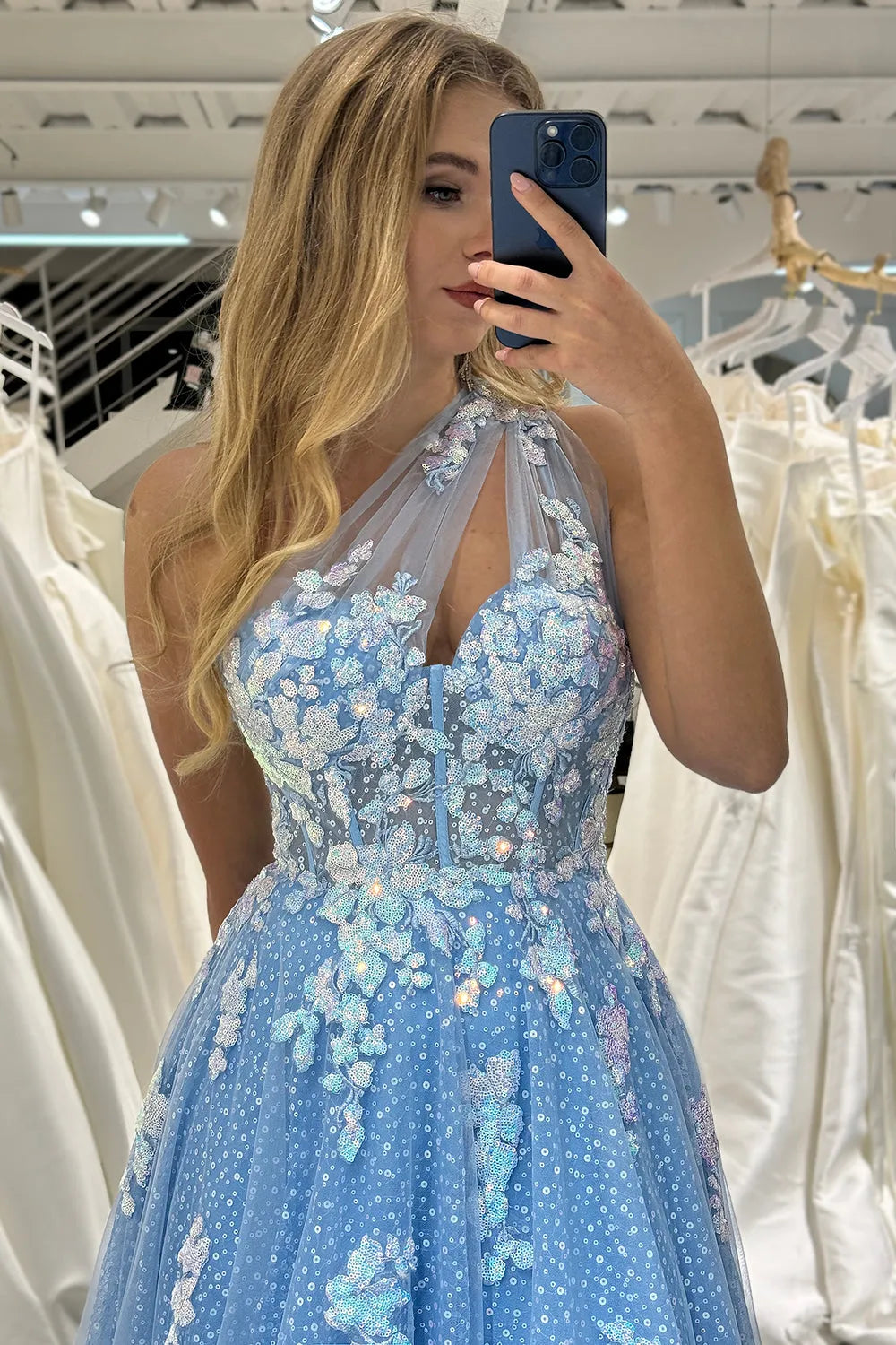 Wholesale Light Blue A Line One Shoulder Long Tulle Prom Dress With Appliques prom dresses shops