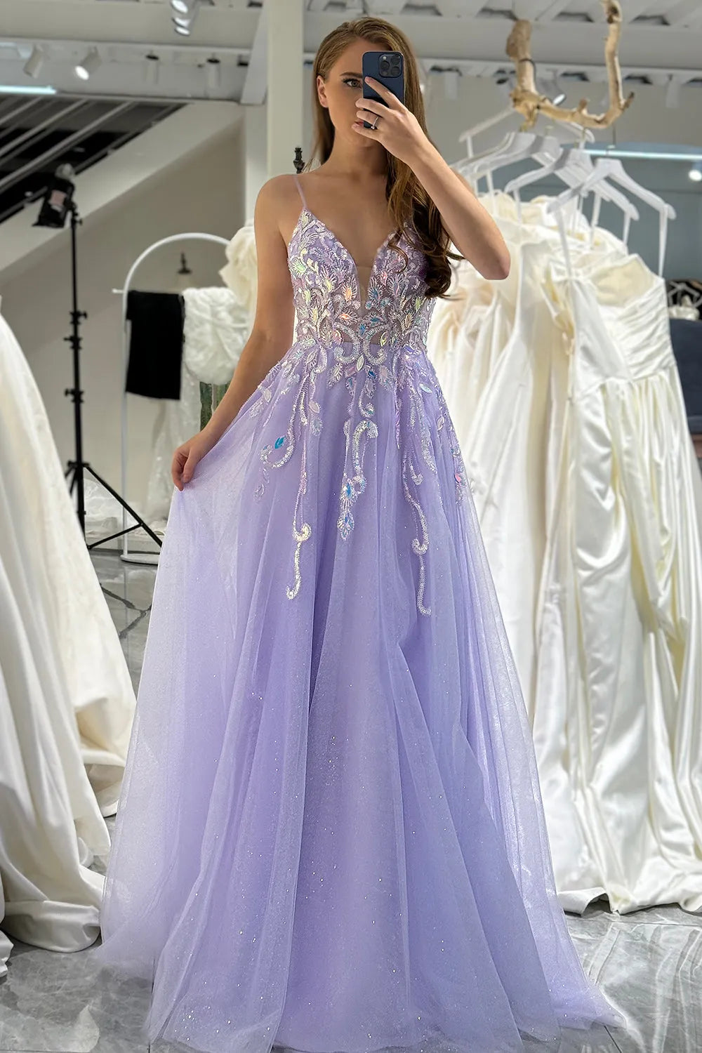 Wholesale Glitter Lilac A Line Backless Long Tulle Prom Dress With Sequined Appliques prom dresses with long sleeves