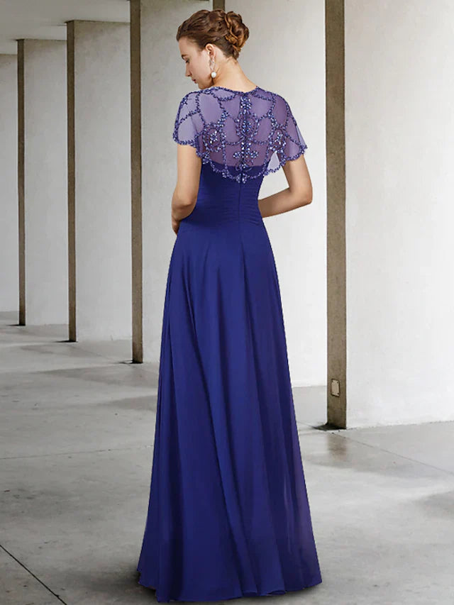 Wholesale A-Line Mother of the Bride Dress Elegant Jewel Neck Floor Length Chiffon Short Sleeve with Pleats Beading