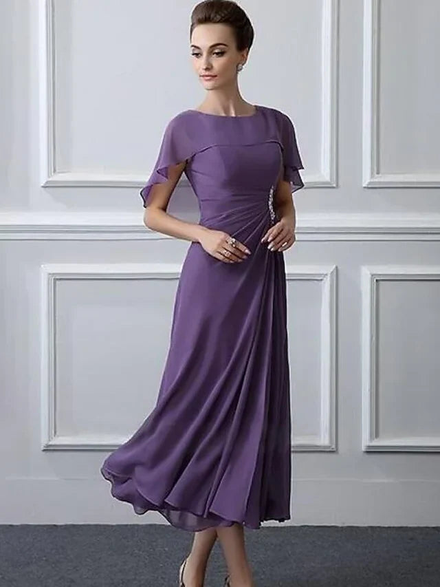 Wholesale A-Line Mother of the Bride Dress Plus Size Bateau Neck Tea Length Chiffon Short Sleeve with Ruffles Crystal Brooch Ruching
