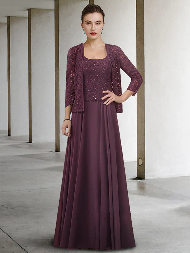 Wholesale Two Piece A-Line Mother of the Bride Dress Elegant Jewel Neck Floor Length Chiffon Lace Half Sleeve with Pleats
