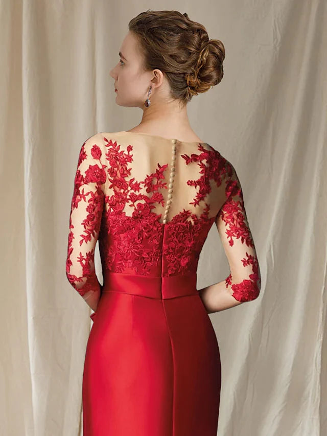 Wholesale Mother of the Bride Dress Elegant Jewel Neck Floor Length Lace Satin Half Sleeve with Bow(s) Appliques