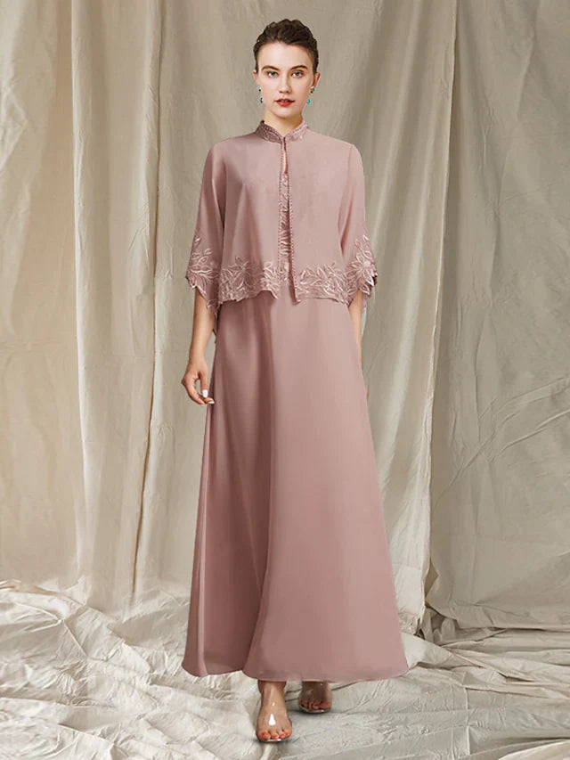 Wholesale Mother of the Bride Dress Elegant Wrap Included V Neck Ankle Length Chiffon Lace Sleeveless with Beading Appliques