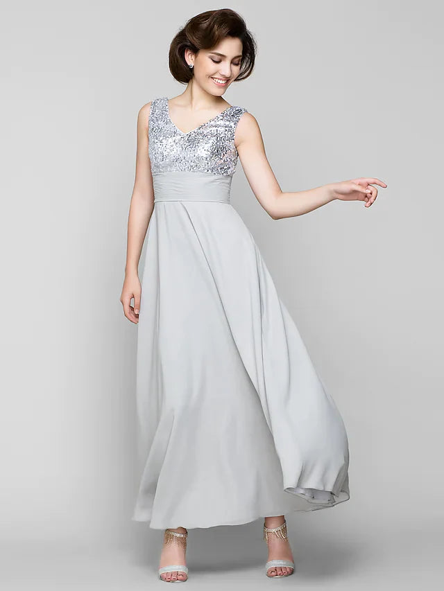 Wholesale A-Line Mother of the Bride Dress Sparkle & Shine Bateau Neck Ankle Length Chiffon Sleeveless with Sash Ribbon Sequin