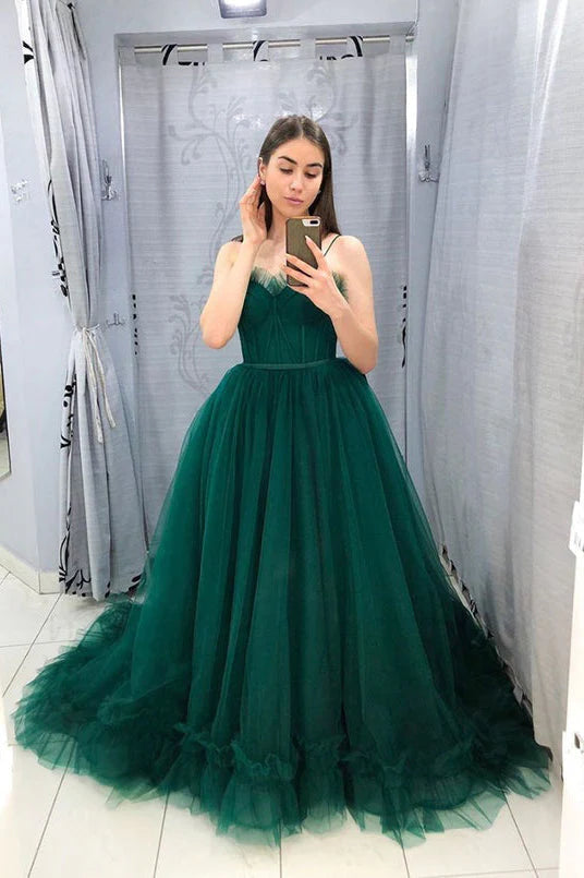 Wholesale Ball Gown Tulle Spaghetti Straps Formal Evening Dress Green Long Prom Dress